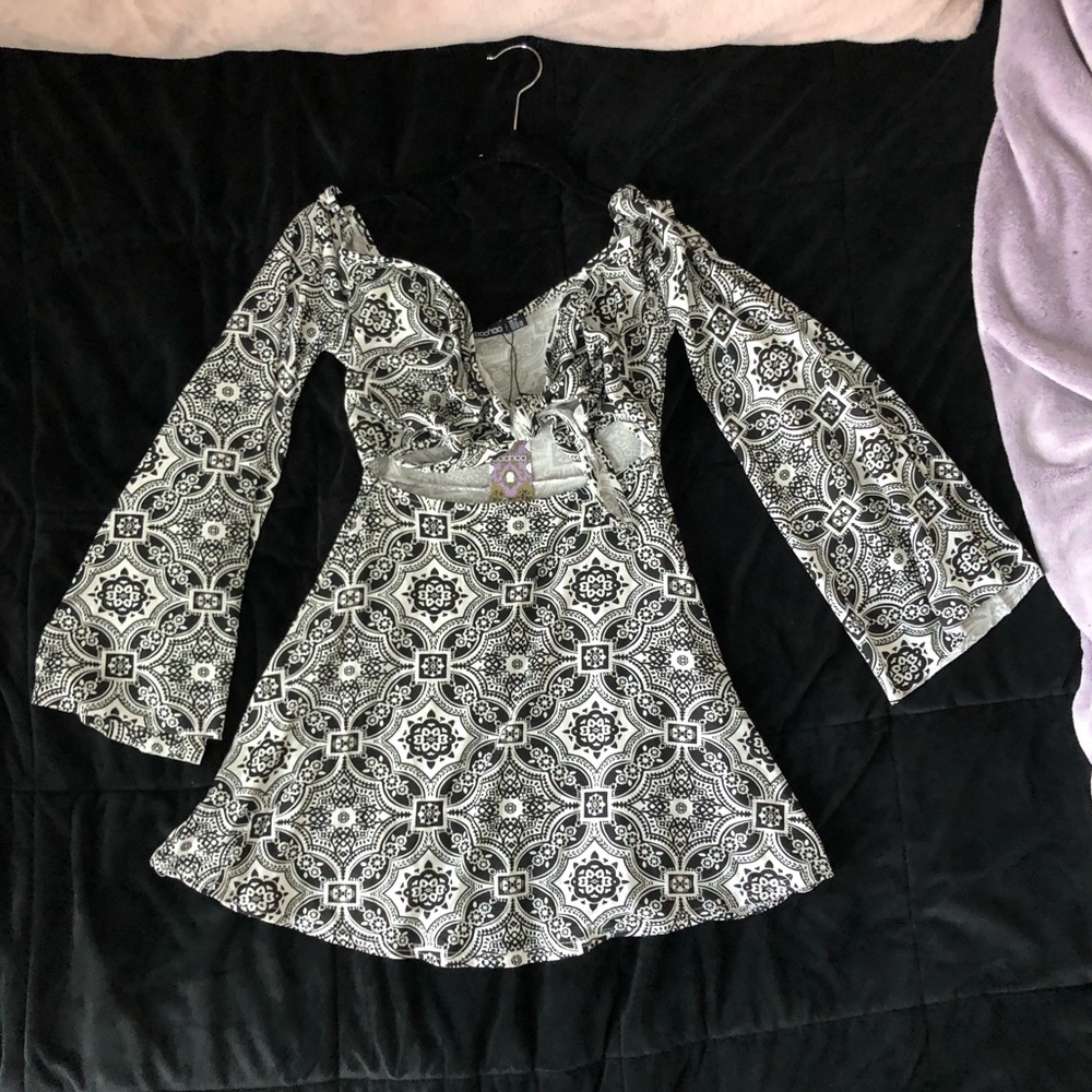 Boohoo Off the shoulder banana print mini dress